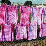 Tie-dyed shirts hang on the Athletic Field fence, drying in the early-evening sun.