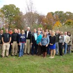 Current Penn College landscape/horticulture technology students, School of Natural Resources Management employees and Brickman staff gather to celebrate the tree-planting. 