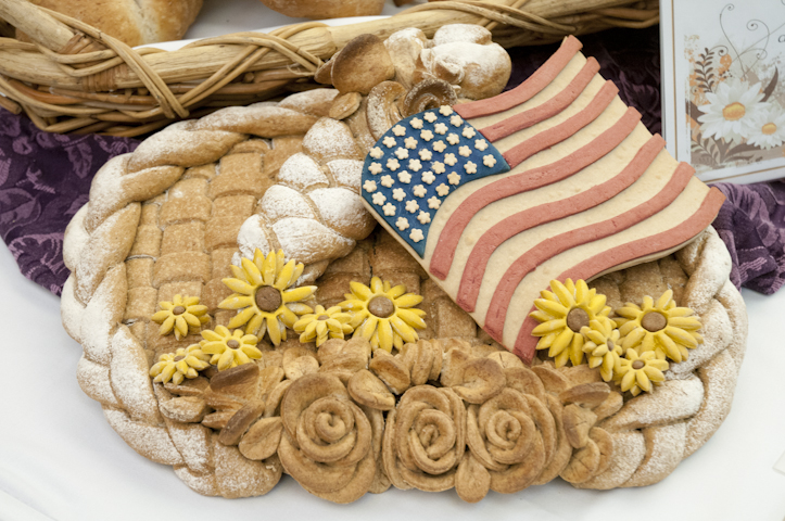 A bread sculpture – using natural food coloring from beets and turmeric – is part of a display provided by students in the Advanced Patisserie course.