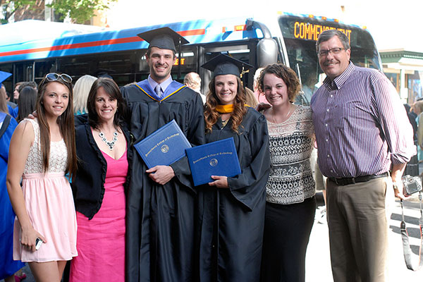 Bachelor's-degree graduates Ryan J. and Kierstin G. Steer gather for a celebratory family photo with (from left) sister, Anna; mother Rebecca A. (an Admissions Office assistant at Penn College); sister Jamie L. (a human services student at the college); and father Ralph. Kierstin, Friday's student speaker, earned a degree in technology management; her brother graduated in plastics and polymer engineering technology.