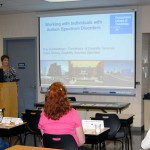 Kay E. Dunkleberger, coordinator of disability services, preps her audience for the diversity of students – and the accompanying variety of instructional challenges – they'll encounter in the classroom. Kay E. Dunkleberger, coordinator of disability services, preps her audience for the diversity of students – and the accompanying variety of instructional challenges – they'll encounter in the classroom.