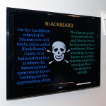 Pirate facts, such as these about the notorious Blackbeard, were featured on digital and tabletop displays. Pirate facts, such as these about the notorious Blackbeard, were featured on digital and tabletop displays.