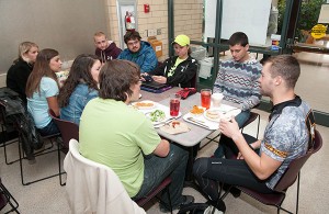 Students meet with Knabb in the Keystone Dining Room, offering him sustenance and encouragement for the remainder of his trip – a heart-shaped route that will take him to 11 Penn State campuses.