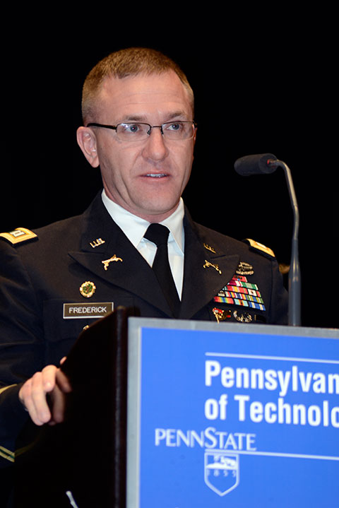 U.S. Army Capt. Scott M. Frederick, an alumni honoree, urges the Class of 2013 to appreciate Penn College as 