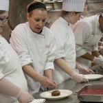 Chef Shanna O’Hea discusses plating for the dessert: Chocolate financier cake, mint chocolate chip ice cream, raspberry compote and almond brittle.
