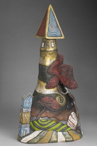 Another distinctive piece is this untitled work, a 25-inch hand-built earthenware form decorated with a wax-based patina and acrylics.