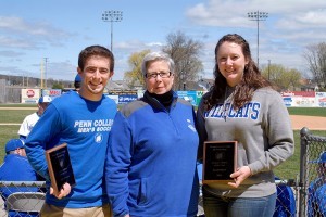 Penn College President Davie Jane Gilmour congratulates the Wildcat Athletes of the Year: Christopher Brennan, soccer, and Kendel Baier, archery.