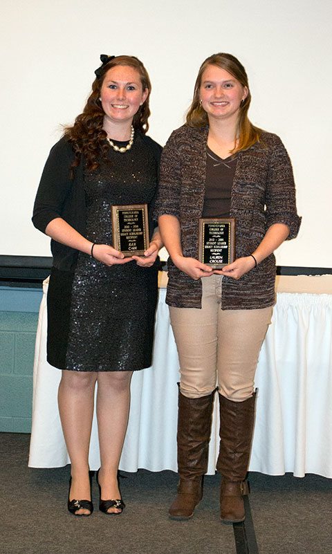 Julie H. Carr (left), a nursing major from Souderton, and Lauren J. Crouse, an applied human services student from Turbotville, each received a $1,000 award from the Student Leader Legacy Scholarship.