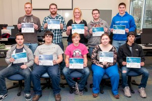Penn College students show their industry certifications for computer aided drafting and design software programs. Front row, from left: Jesse C. Hulien, of Hughesville; Kyle T. Potts, of Colver; Meriah B. Port, of Bellefonte, Shannon R. Knarr, of Trevorton; and Aaron C. Smith, of Ulster. Back row, from right: Rory J. Moon, of Knoxville; Ian M. Dorman, of Mill Hall; Angela J. Bolinger, of Galena, Md.; Kevin G. Kearney, of Lebanon; and Elias W. Diehl, of Newville.