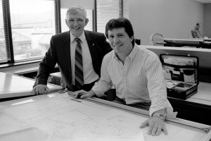 Chalmer Van Horn (left) with his final engineering drafting student, William P. Woodley, in 1991