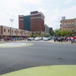 The northeast corner of Market Square – third base in the ballfield layout, from which this photo was taken – is but one landmark in the sprawling commemorative project.