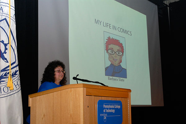Joann L. Eichenlaub, assistant director of library services at Penn College and member of the Wildcat Comic Con steering committee, introduces keynoter Barbara Slate ...