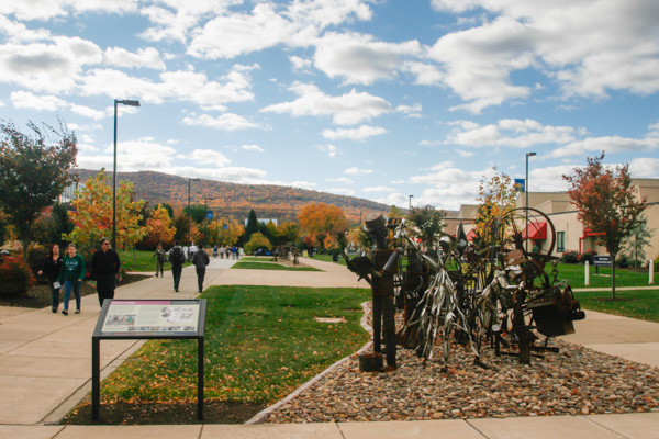 Blue skies and autumn glory – down on the ground and up in the mountains – welcomed visitors to campus along with the three Centennial art installations. This one, 