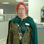 Absent from the impromptu group photo, but nonetheless engaged in some serious Halloween hocus-pocus is Jenny M. Maurer, library technology services coordinator.