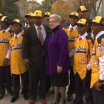President Gilmour, with Jackie Robinson West players and coaches at the White House (WLS-TV)