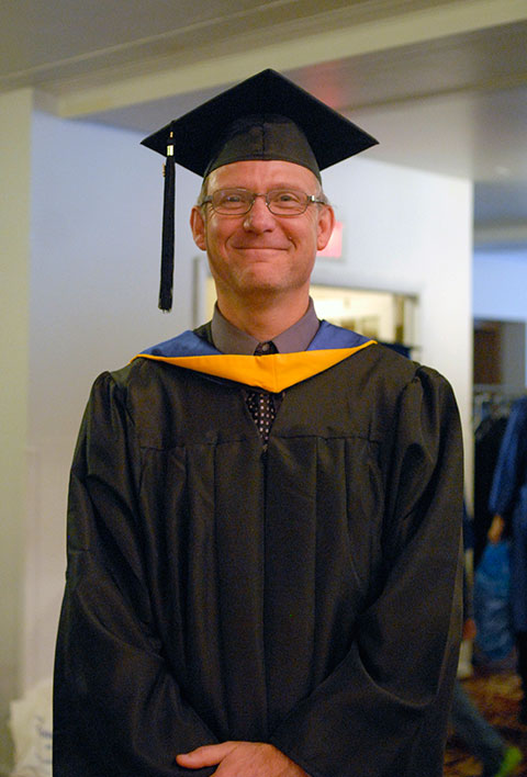 Brian K. Manley, a part-time student for 20 years who finished his degree online, traveled to Williamsport to claim his much-deserved bachelor's degree in automotive technology management. An automotive instructor and cross-country/track coach in the Cherry Creek School District in Greater Denver, Manley traveled – appropriately enough – from the town of Centennial, Colorado, and planned to enjoy the regional sights with his high school-age grandson before returning home.
