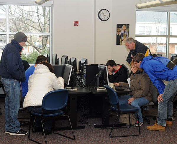 Even before noon, Admissions computers were in big demand by applicants in the Student & Administrative Services Center.