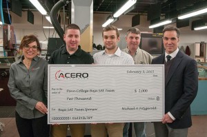 Acero Precision representatives present a $2,000 donation in support of the Penn College student chapter of the Society of Manufacturing Engineers’ entry in the upcoming Baja SAE competition. From left, are Joanne Fitzgerald, director of human capital for Acero Precision; Clinton R. Bettner, of Beaver Falls, Baja team captain; James A. Depasquale, of Simsbury, Connecticut, president of the SME Penn College chapter; John G. Upcraft, instructor of automated manufacturing and machining and the students’ adviser; and Michael Fitzgerald, president/CEO of Acero Precision.