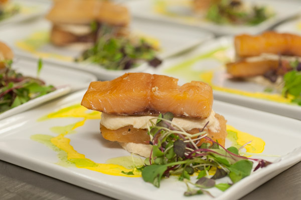 The first course: applewood smoked, cured trout with smoked trout mousse and microgreen salad.