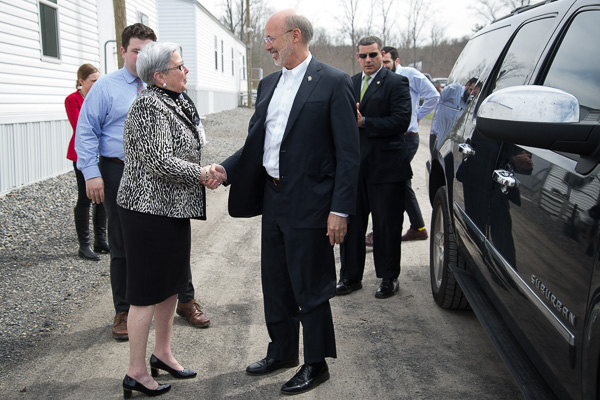President Davie Jane Gilmour greets Gov. Tom Wolf upon his arrival.