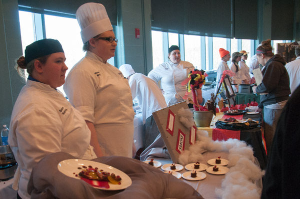 Brianna R. Helmick, of Hershey, and Rachel A. Mertz, of Paxinos, stand ready to offer insight into their dishes: smoked duck with red beet mashed potatoes, and light-chocolate red beet sponge cake.