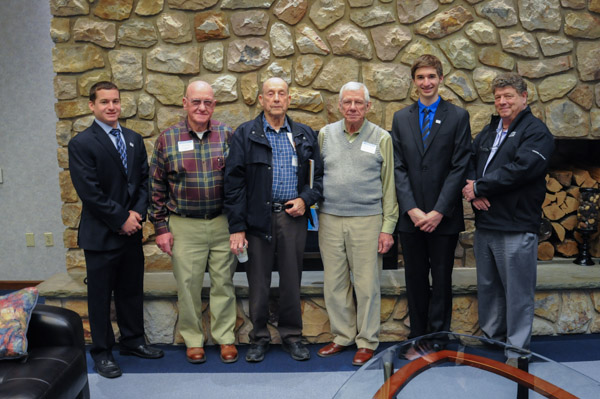 From left, student Vincent S. DelMonte, of Berlin, residential construction technology and management: building construction technology concentration; emeritus faculty members and alumni Paul Schriner, ’63, welding;   Joseph Murphy, ’72, drafting, WTI, carpentry; and Chalmer Van Horn, ’58, drafting; student Ryan T. Fry, of Nazareth, residential construction technology and management: building construction technology concentration; and Marc E. Bridgens, dean of construction and design technologies. The students provided a presentation about their major.