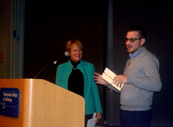 Guest speaker Barbara Hudock, with Anthony J. Pace, assistant director of student activities for student organizations/orientation