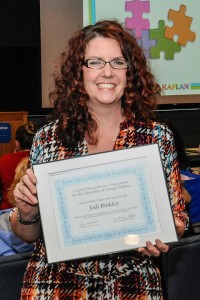 Jodi L. Binkley, early childhood education lab assistant at Penn College, receives the Outstanding Early Educator Award from the Central Susquehanna Association for the Education of Young Children at its 20th annual conference. (Photo by Caleb G. Schirmer, student photographer)