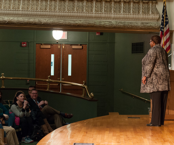 Answering questions from the audience