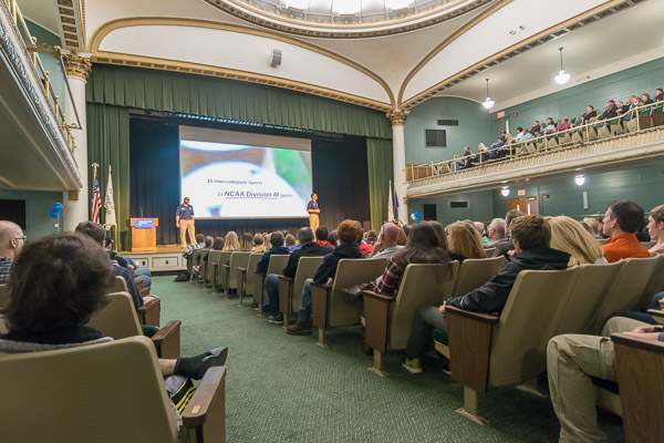 Paired for a general overview in Klump Academic Center are admissions representatives Sal Vitko (left) and Sean M. Stout.