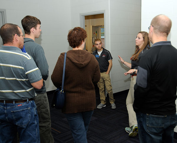 Resident Assistants Elizabeth L. Landis and Caleb J. Maenza provide a glimpse of on-campus housing options in Dauphin Hall.
