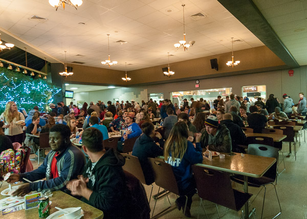 One of the college's longest-running customs, Midnight Breakfast fills the tables and lines the aisles.