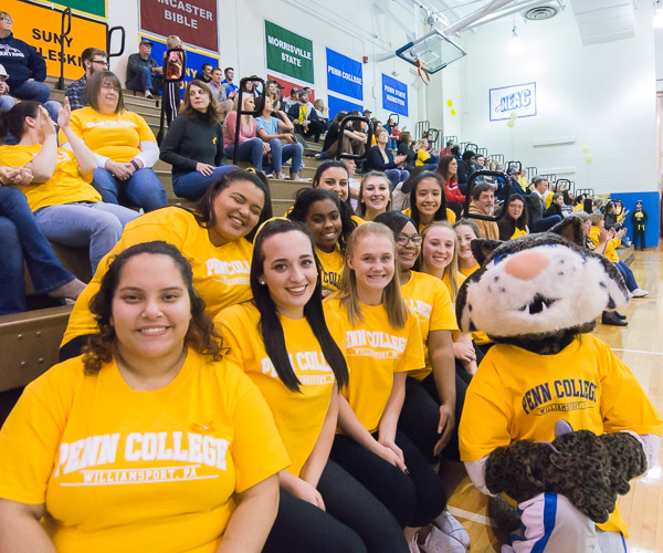 The Wildcat joins the Cheer Team in the stands.