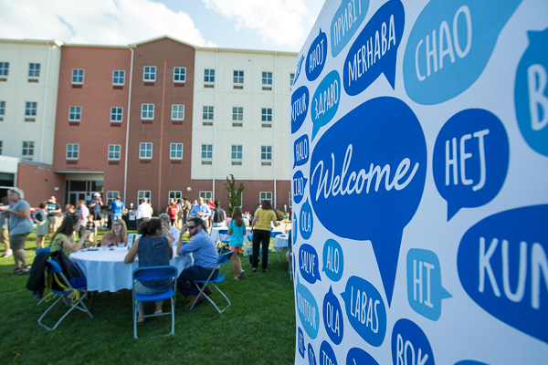 Multilingual greetings on a poster beckon attendees to the new gathering space, where six groups (PC Alliance, Veterans Club, the fledgling Post-Tradition Student Organization, Minorities Lending Knowledge, College Women of Williamsport and the International Student Organization) celebrated a diverse campus community.