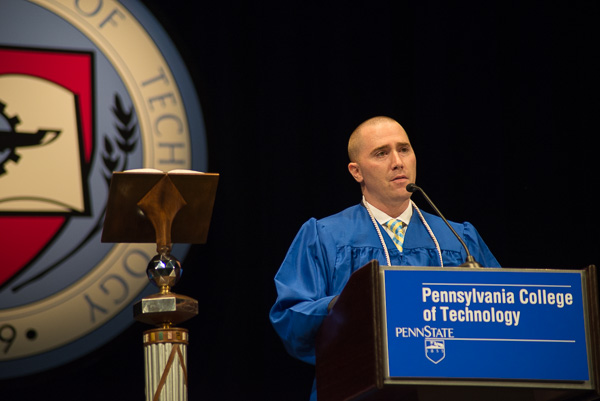 Student speaker Michael R. Harer, surgical technology, speaks eloquently about the importance of thanking supporters who helped get the graduates to this day.