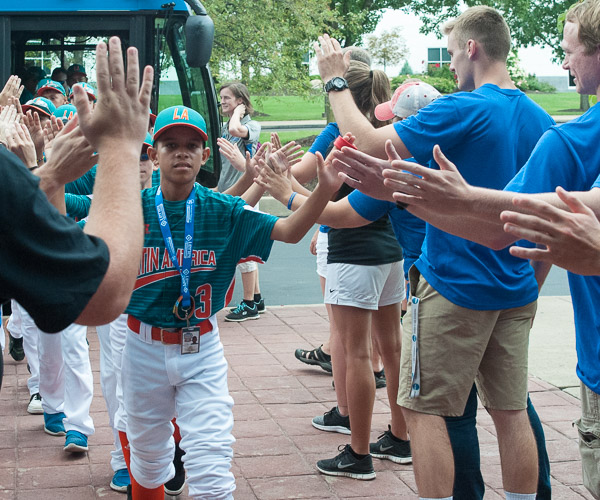 The Latin America team from Maracaibo, Venezuela, arrives to a warm welcome outside the Bush Campus Center.