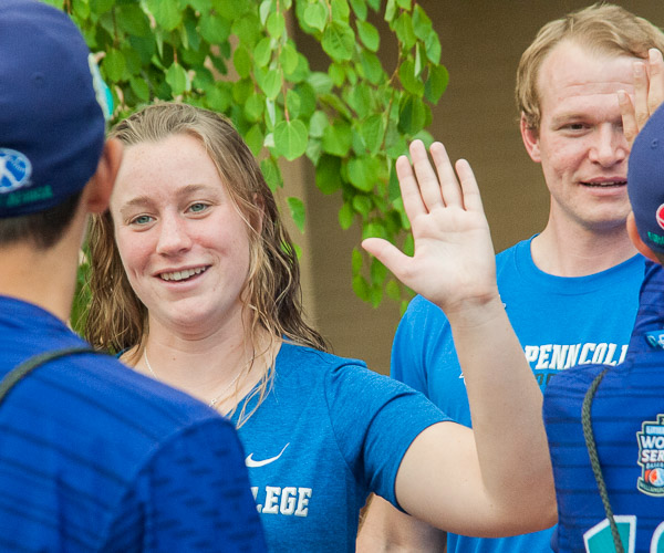 Women’s soccer player Lauren S. Herr, of Lititz, joins the welcoming crew.