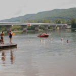 A full slate of hands-on learning: Two Williamsport Bureau of Fire boats take students out to practice pulling their classmates out of the water, while students on the dock practice throwing lines to their classroom colleagues.