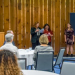 Induction of officers – including (at right) Kelly N. Ulrich, secretary, and Jacob K. Zimmerman, treasurer – is handled by Devyn King, Circle K. district governor, and Megan McKenna, Keystone Division lieutenant governor. Ulrich, of Lebanon, is a pre-dental hygiene student; Zimmerman, of Muncy, majors in accounting.