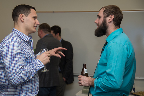Thomas E. Little (left), civil engineering technology, ’09, and Wyatt J. Decker, business administration, ’13, share athletics and professional stories. Little traveled from Connecticut to attend the reunion; he works as an engineer for the city of Norwalk. Decker resides locally and is enjoying a career in sales with Mid-State Beverage Co.