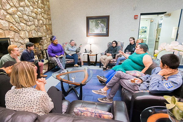 Back on campus, time for debriefing and reflection in the fireside coziness of the Thompson Professional Development Center