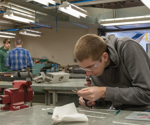 Aviation maintenance technology student Jacob J. Buss, of Northampton, works on his senior project: building a test unit for use by future aviation students. He’s accepted a position after graduation with LV Avionics.