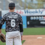 First baseman Colton Riley, an automotive technology student from Danville, sports the uniform worn for Tuesday's commemoration. Riley was 2-for-6 on the day, with two runs batted in.