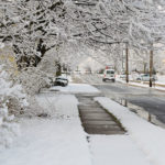 The path of an early-morning shoveler contrasts with the heavy, wet snow that covered sidewalks and lawns ...