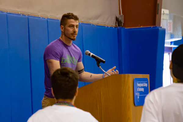 The crowd hears from Caleb Herrin, a junior at Lycoming College and president of the student AFSP chapter there.