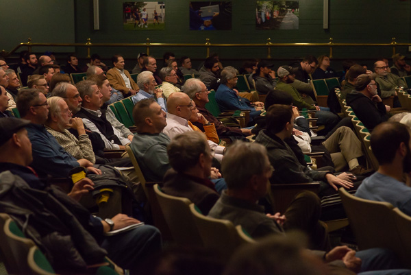 An engaged crowd listens to a timely rendering of a timeless theme: mankind's adaptive ability to wage war.