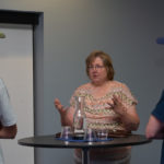 Following formal presentations by the companies, students could engage in small meet-and-greet sessions with the representatives. Tina Clark, human resources manager with the Lancaster County-based Conestoga Wood Specialties, tells students that “this is not your grandfather’s woodshop.”