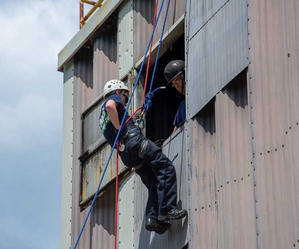 Matthew C. Larock, an emergency medical services student from Chemung, N.Y., begins his descent.