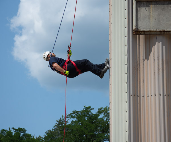 Emergency medical services student Jared A. Stewart, of Waverly, N.Y., gains real-world perspective on high-angle rescues.