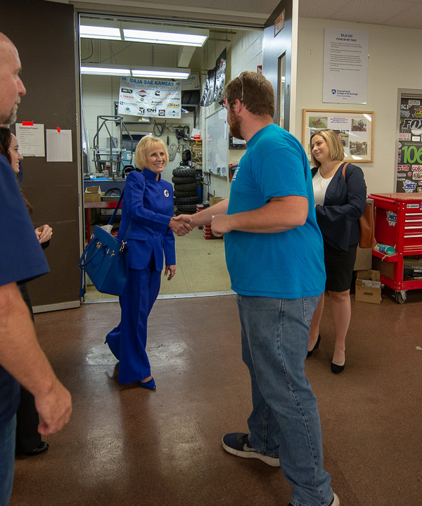 In the machining lab, Robbins meets Myron D. Milliken, of Lewistown, a manufacturing engineering technology senior, who shared Baja SAE information.